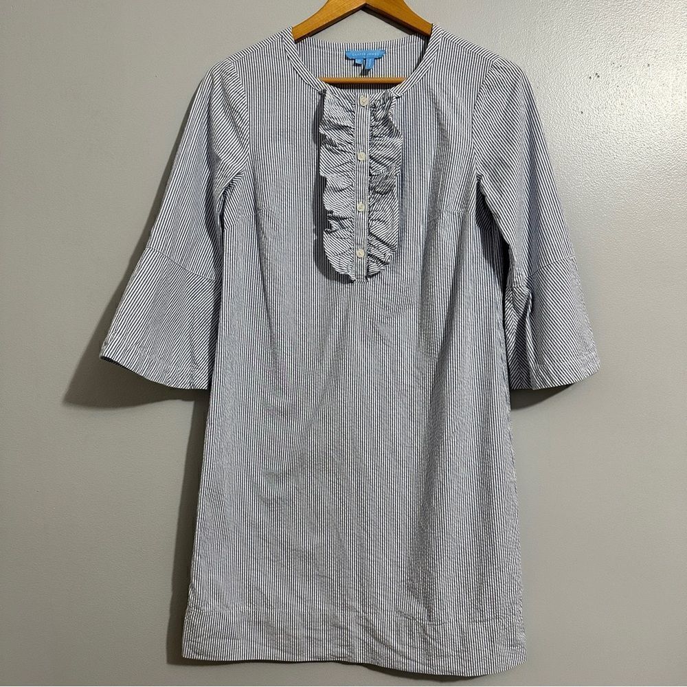 Draper James Blue Chambray Ruffle Shirt Dress Front Size 0 Seersucker Pinstripe